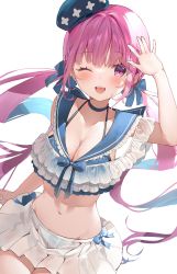 Rule 34 | 1girl, ;d, absurdres, bikini, blue hair, blunt bangs, blush, breasts, choker, cleavage, crop top, floating hair, frills, hand up, hat, highres, hololive, long hair, looking at viewer, medium breasts, minato aqua, mini hat, miniskirt, multicolored hair, navel, one eye closed, open hand, open mouth, pink eyes, pink hair, pleated skirt, simple background, skirt, smile, solo, swimsuit, teeth, twintails, two-tone hair, upper teeth only, very long hair, virtual youtuber, warayanuko, white background, white skirt
