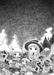 Rule 34 | 2girls, :&lt;, bad id, bad pixiv id, bucket, chibi, female focus, forest, frown, greyscale, hair bobbles, hair ornament, hat, hinanawi tenshi, in bucket, in container, kisume, monochrome, multiple girls, nature, nib pen (medium), plant, scenery, sky, soyanrai, touhou, traditional media, twintails, vines, yukkuri shiteitte ne