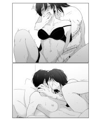 Rule 34 | 1boy, 1girl, 2koma, arm tattoo, bra, breasts, comic, completely nude, eren yeager, facial hair, finger in another&#039;s mouth, fingering, goatee, greyscale, hair over eyes, hanpetos, hetero, kiss, medium breasts, mikasa ackerman, monochrome, navel, nipples, nude, out-of-frame censoring, panties, panties around leg, pillow, shingeki no kyojin, short hair, silent comic, strap slip, sweat, tattoo, thighhighs, underwear