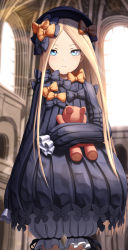 Rule 34 | 1girl, abigail williams (fate), absurdres, black bow, black dress, black hat, blonde hair, bloomers, blue eyes, blurry, blurry background, blush, bow, bug, butterfly, closed mouth, commentary request, cowboy shot, day, depth of field, dress, fate/grand order, fate (series), forehead, hair bow, hat, highres, hugging object, indoors, insect, light frown, long hair, long sleeves, orange bow, parted bangs, polka dot, polka dot bow, sanpeita, sleeves past fingers, sleeves past wrists, solo, stuffed animal, stuffed toy, sunlight, teddy bear, underwear, very long hair, white bloomers, window