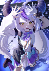 Rule 34 | 1girl, :d, absurdres, ahoge, braid, detached sleeves, dress, french braid, from above, gloves, grey hair, headset, highres, hololive, hololive idol uniform, horns, la+ darknesss, long hair, looking at viewer, lucy (rusi-juren328), multicolored hair, open mouth, purple hair, single glove, smile, solo, streaked hair, transforming clothes, very long hair, virtual youtuber, yellow eyes