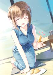 Rule 34 | 1girl, :d, ^ ^, bare arms, barefoot, blue shirt, blush, breasts, brown hair, closed eyes, collarbone, collared shirt, day, denim, dutch angle, facing viewer, food, hand out of frame, hand up, highres, holding, holding food, humuyun, indoors, jeans, kneeling, knees together feet apart, large breasts, medium hair, misaki kyouko (summer pockets), mole, mole under mouth, notice lines, official art, open mouth, pants, shirt, short ponytail, sidelighting, sleeveless, sleeveless shirt, smile, solo, summer pockets, table, tatami