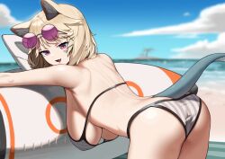 Rule 34 | 1girl, :d, animal ear fluff, animal ears, arknights, ass, bare shoulders, bikini, blonde hair, breasts, day, eyewear on head, fang, from behind, hanging breasts, inflatable toy, large breasts, looking at viewer, looking back, official alternate costume, open mouth, outdoors, purple-tinted eyewear, purple eyes, round eyewear, short hair, siguya, skin fang, smile, solo, striped bikini, striped clothes, sunglasses, swimsuit, tail, tinted eyewear, underboob, utage (arknights), utage (summer flowers) (arknights), vertical-striped bikini, vertical-striped clothes