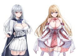 Rule 34 | 2girls, absurdres, bare shoulders, belt, black thighhighs, blonde hair, blue eyes, braid, breasts, cape, choker, cleavage, cleavage cutout, closed mouth, clothing cutout, collared shirt, commission, dress, elbow gloves, flower, framed breasts, frills, garter straps, gloves, halterneck, highres, large breasts, lillly, long hair, long sleeves, looking at viewer, miniskirt, multiple girls, off shoulder, original, pink choker, pleated skirt, rapier, red eyes, rose, second-party source, shirt, short dress, simple background, skirt, sleeveless, sleeveless dress, smile, spaghetti strap, sword, thighhighs, very long hair, weapon, white background, white dress, white gloves, white hair, white shirt, white skirt, white thighhighs, zettai ryouiki