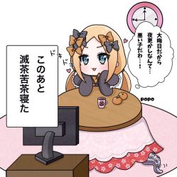 Rule 34 | 1girl, :3, abigail williams (fate), artist name, black bow, black dress, blue eyes, blush, bow, chibi, commentary request, cup, dress, fate/grand order, fate (series), flat screen tv, food, forehead, fruit, hair bow, heart, kotatsu, long sleeves, mandarin orange, meme, orange bow, parted bangs, parted lips, polka dot, polka dot bow, popo (popopuri), signature, sleeves past fingers, sleeves past wrists, smile, solo, suction cups, table, television, tentacles, translation request, white background