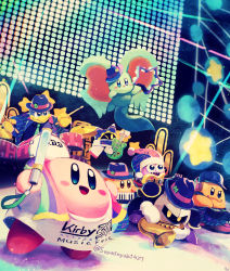 Rule 34 | absurdres, band, black headwear, blush, character request, check character, chef kawasaki, drum, elfilin, guitar, hat, headphones, highres, holding, holding glowstick, holding instrument, instrument, keyboard (instrument), king dedede, kirby, kirby (series), kirby 30th anniversary music festival, kirby and the forgotten land, magolor, marx (kirby), meta knight, nintendo, open mouth, rayman limbs, saxophone, smile, suyasuyabi, tambourine, twitter username