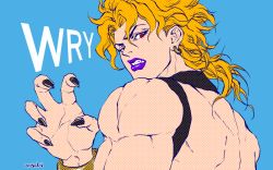 Rule 34 | 1boy, bare shoulders, black nails, blonde hair, claw pose, dio brando, earrings, fangs, from behind, halftone, jewelry, jojo no kimyou na bouken, looking at viewer, looking back, muscular, muscular male, musubi (livnehe), nail polish, purple lips, red eyes, solo, stardust crusaders, vampire
