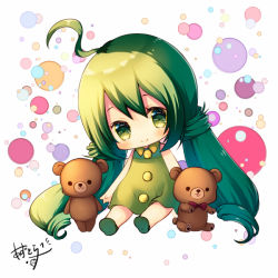Rule 34 | 1girl, ahoge, azu torako, bare arms, bare shoulders, blush, chibi, closed mouth, collared dress, dress, eyebrows hidden by hair, full body, green dress, green eyes, green footwear, green hair, hair between eyes, long hair, original, shoe soles, shoes, signature, sitting, sleeveless, sleeveless dress, smile, solo, stuffed animal, stuffed toy, teddy bear, twintails, very long hair, white background