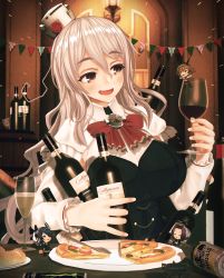 Rule 34 | 3d, 4girls, absurdres, alcohol, black gloves, bottle, bow, bowtie, breasts, brown eyes, brown hair, can, checkered clothes, checkered neckwear, chibi, corset, cup, drinking glass, eyepatch, ffkw, flipped hair, gloves, green eyes, grey hair, hair intakes, hairband, halo, hat, headgear, highres, holding, holding bottle, kantai collection, large breasts, long hair, mechanical halo, midriff, mini hat, miniskirt, multiple girls, mutsu (kancolle), necktie, pantyhose, partially fingerless gloves, pola (kancolle), purple eyes, purple hair, radio antenna, school uniform, shirt, short hair, skirt, strong zero, tatsuta (kancolle), tenryuu (kancolle), thick eyebrows, thighhighs, tilted headwear, wavy hair, white gloves, white legwear, white shirt, wine, wine bottle, wine glass, yellow eyes