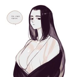 Rule 34 | 1girl, bad id, bad poipiku id, black hair, breasts, cleavage, expressionless, genderswap, genderswap (mtf), large breasts, long hair, looking at viewer, mandudaein, monochrome, simple background, solo, speech bubble, luo xiaohei zhanji, translation request, upper body, white background, wuxian (the legend of luoxiaohei)