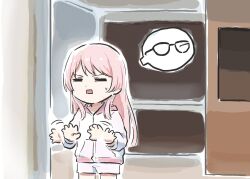 1girl =_= bang_dream! bang_dream!_it&#039;s_mygo!!!!! chihaya_anon commentary jacket long_hair lyy no_eyewear open_mouth outline pajamas pink_hair shorts solo sweatdrop white_jacket white_outline white_shorts