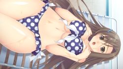 Rule 34 | 1girl, bikini, blush, breasts squeezed together, breasts, brown eyes, brown hair, fusataka shikibu, game cg, large breasts, legs, long hair, looking at viewer, lying, navel, open mouth, solo, swimsuit, thighs, tsugou no ii kazoku