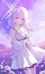 Rule 34 | 1girl, absurdres, ahoge, atsuko (blue archive), bare shoulders, blue archive, blush, braid, closed mouth, cowboy shot, detached sleeves, dress, flower, hair between eyes, highres, holding, holding flower, jogabi, long hair, looking at viewer, outdoors, purple hair, red eyes, smile, solo, twin braids, white dress, white flower, white sleeves