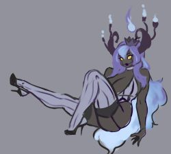 Rule 34 | 1girl, blue fire, breasts, chandelure, cleavage, creatures (company), crown, fire, game freak, gen 5 pokemon, high heels, highres, lipstick, live for the funk, long hair, makeup, nintendo, personification, pokemon, thighhighs, yellow eyes