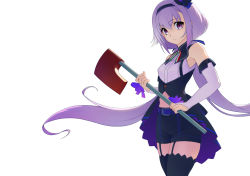Rule 34 | .live, 1girl, alternate costume, alternate hairstyle, axe, carro pino, empty eyes, headband, looking at viewer, low twintails, namicha, navel, purple eyes, purple hair, shorts, simple background, solo, thighhighs, twintails, virtual youtuber, white background