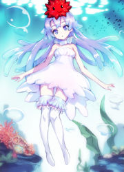 Rule 34 | 1girl, bare shoulders, blue eyes, blue hair, character request, dress, gluteal fold, highres, long hair, neck ruff, outstretched arms, rodway, strapless, strapless dress, tentacle hair, thigh gap, thighhighs, underwater, white dress, white thighhighs, zettai ryouiki
