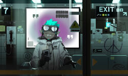Rule 34 | 1boy, arknights, bandaid, bandaid on face, bandaid on nose, blue hair, chameleon boy, closed eyes, earphones, ethan (arknights), facial hair, goatee, goggles, goggles on head, graffiti, holding, holding phone, hood, hooded jacket, in-ear earphones, jacket, male focus, official art, oversized zipper, phone, pointy ears, pptsy, subway station, white jacket