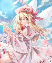 Rule 34 | 1girl, blonde hair, blue eyes, blue sky, blush, bow, capelet, cherry blossoms, cloud, day, dress, fairy wings, feet out of frame, hair between eyes, hat, highres, lens flare, lily white, long hair, long sleeves, looking at viewer, mizudori (msarasoju), petals, sky, solo, touhou, white dress, wide sleeves, wings
