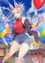Rule 34 | 1girl, alternate costume, amusement park, animal ears, balloon, bare shoulders, black jacket, blue eyes, blue shorts, blue sky, blush, breasts, carousel, castle, churro, cloud, commentary request, day, fake animal ears, fate/grand order, fate (series), ferris wheel, food, grey hair, high-waist shorts, highres, holding, holding food, jacket, looking at viewer, medium breasts, miyamoto musashi (fate), mouth hold, nakaga eri, off shoulder, open clothes, open jacket, outdoors, ponytail, popcorn, rabbit ears, red shirt, shirt, shorts, sky, solo, thighs