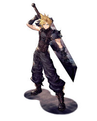 Rule 34 | 1boy, armor, blonde hair, buster sword, cloud strife, final fantasy, final fantasy brave exvius, final fantasy vii, final fantasy vii remake, full body, gauntlets, highres, looking at viewer, official art, ryuji ohara, shoulder armor, simple background, single gauntlet, sleeveless, sleeveless turtleneck, solo, spiked hair, standing, suspenders, third-party source, turtleneck, war of the visions: final fantasy brave exvius