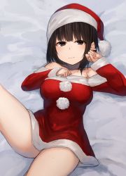 Rule 34 | 1girl, absurdres, bare shoulders, bed sheet, blush, breasts, brown eyes, brown hair, christmas, closed mouth, collarbone, commentary request, dress, hat, head tilt, highres, hoshimiya aki, knee up, large breasts, long sleeves, looking at viewer, lying, off-shoulder dress, off shoulder, on back, original, red dress, red hat, santa costume, santa hat, sketch, sleeves past wrists, solo, wavy mouth