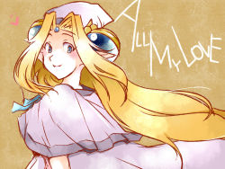 Rule 34 | 1990s (style), blonde hair, blue eyes, blush, capelet, english text, filia ul copt, hat, long hair, looking to the side, pointy ears, retro artstyle, slayers try, smile, solo, sukara-san, very long hair