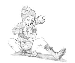 Rule 34 | 10s, 1girl, boots, character request, cross-laced footwear, girls und panzer, greyscale, hat, high-explosive anti-tank (warhead), highres, kneehighs, lace-up boots, man-portable anti-tank systems, military, monochrome, one eye closed, panzerfaust, recoilless gun, short hair, sketch, socks, solo, uniform, yoyokkun