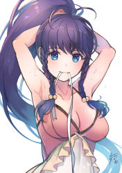 Rule 34 | 1girl, armpits, arms up, blue eyes, blue hair, braid, breasts, cleavage, fire emblem, fire emblem: the sacred stones, fire emblem heroes, highres, large breasts, long hair, mouth hold, nintendo, official alternate costume, one-piece swimsuit, ponytail, purple hair, ribbon, ribbon in mouth, solo, swimsuit, tana (fire emblem), tana (summer) (fire emblem), tarayuki, twin braids, tying hair, upper body, very long hair, white background