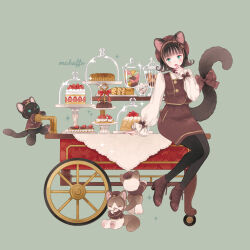 Rule 34 | 1girl, animal ears, artist name, black cat, black hair, black pantyhose, boots, bow, brown dress, brown footwear, brown hair, cake, cart, cat, cat ears, cat tail, cupcake, curly hair, dress, food, fruit, fruitcake, full body, green background, green eyes, hand up, hat, highres, jar, long sleeves, looking at viewer, mokaffe, original, pantyhose, parted lips, puffy long sleeves, puffy sleeves, short hair, signature, simple background, sitting, skirt, solo, sparkle, strawberry, strawberry shortcake, sweets, tail, tail ornament, tail raised, tiered tray, vest, wheel, white sleeves