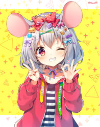 Rule 34 | 1girl, 2020, animal ears, blue bow, blush, bow, cheese hair ornament, chinese zodiac, collarbone, commentary request, drawstring, food-themed hair ornament, grin, hair between eyes, hair bow, hair ornament, hairclip, hands up, happy new year, head tilt, hood, hood down, hooded jacket, jacket, long sleeves, looking at viewer, macaron hair ornament, mauve, mouse ears, mouse hair ornament, new year, one eye closed, original, pink bow, polka dot, polka dot bow, purple bow, red bow, red eyes, red jacket, shirt, silver hair, smile, solo, striped clothes, striped shirt, two-tone background, upper body, white background, year of the rat, yellow background