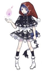 Rule 34 | 1girl, adapted costume, black capelet, black socks, book, boots, capelet, doremy sweet, dream soul, full body, hat, highres, holding, holding book, kneehighs, looking at viewer, nanasuou, nightcap, open mouth, pom pom (clothes), purple eyes, purple hair, red hat, short hair, simple background, socks, solo, standing, tail, tapir tail, touhou, v-shaped eyebrows, white background, white footwear