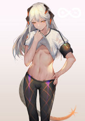 Rule 34 | 1girl, absurdres, alternate costume, arknights, black leggings, black pantyhose, breasts, clothes lift, commentary, cowboy shot, grey background, groin, hand on own hip, highres, horns, krin (krinnin), leggings, lifting own clothes, long hair, navel, pantyhose, rhine lab logo, saria (arknights), shirt, shirt lift, short sleeves, silver hair, small breasts, solo, standing, stomach, symbol-only commentary, tail, thighs, underboob, white shirt, yellow eyes
