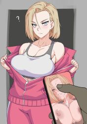 Rule 34 | 1boy, 1girl, after fellatio, android 18, angry, blonde hair, blue eyes, blush, breasts, bukkake, cellphone, cellphone photo, cleavage, clenched teeth, commentary request, cum, cum in mouth, cum on body, cum on breasts, cum on clothes, cum on hair, cum on upper body, disgust, dragon ball, dragon ball super, earrings, ejaculation, facial, hetero, holding, holding phone, jacket, jewelry, juxtaposition, large breasts, long sleeves, looking at viewer, mikoyan, navel, nipples, paizuri, pants, penis, phone, photo comparison, pink track suit, pov, pov hands, rape, short hair, simple background, smartphone, solo focus, teeth, track jacket, track pants, track suit