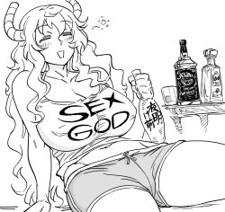 Rule 34 | 1girl, :d, = =, bad id, bare shoulders, bb (baalbuddy), bottle, breasts, cleavage, closed eyes, clothes writing, covered erect nipples, dolphin shorts, dragon horns, drunk, english text, fuck-me shirt, greyscale, highres, holding, horns, huge breasts, inactive account, kobayashi-san chi no maidragon, long hair, lucoa (maidragon), meme attire, monochrome, open mouth, sake bottle, short shorts, shorts, simple background, sitting, smile, solo, squeans, tank top, white background