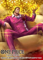 Rule 34 | 1boy, ascot, commentary request, copyright name, earrings, eyewear on head, flower brooch, formal, gild tesoro, green hair, jacket, jewelry, looking ahead, male focus, official art, one piece, one piece card game, one piece film: gold, pants, pink jacket, pink pants, ring, sitting, smile, solo, sparkle, star (symbol), star earrings, suit, tatsuya (atelier road), translation request, white ascot