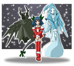 Rule 34 | 1girl, antlers, arc system works, asymmetrical wings, bell, blue hair, blush, christmas, collar, dizzy (guilty gear), guilty gear, hat, horns, neck bell, necro (guilty gear), pointy ears, red eyes, ribbon, sack, santa costume, santa hat, smile, snow, snowing, sweatdrop, tail, tail ornament, tail ribbon, thighhighs, undine (guilty gear), wings, zettai ryouiki