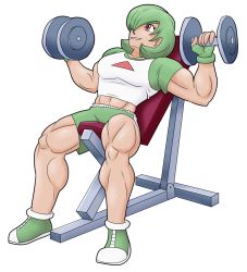 Rule 34 | 1girl, advanceddefense, creatures (company), dumbbell, exercising, fingerless gloves, game freak, gardevoir, gen 3 pokemon, gloves, green hair, highres, humanization, midriff, muscular, muscular female, nintendo, personification, pokemon, red eyes, shirt, short hair, shorts, solo, sweat, t-shirt, transparent background, weightlifting, weights