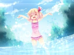 Rule 34 | 1girl, blonde hair, casual one-piece swimsuit, child, embodiment of scarlet devil, closed eyes, fang, female focus, hair ribbon, kurosu rino, one-piece swimsuit, open mouth, outstretched arms, polka dot, polka dot swimsuit, ribbon, rumia, short hair, solo, splashing, spread arms, swimsuit, touhou, wading, water