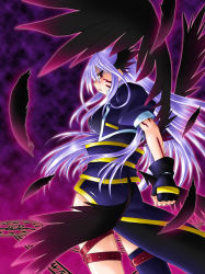 Rule 34 | 1girl, asymmetrical clothes, asymmetrical legwear, black thighhighs, black wings, breasts, facial mark, feathers, fingerless gloves, gloves, head wings, jacket, large breasts, leg belt, long hair, looking back, lyrical nanoha, magic circle, magical girl, mahou shoujo lyrical nanoha, mahou shoujo lyrical nanoha a&#039;s, manabe jouji, multiple wings, open clothes, open jacket, purple hair, red eyes, reinforce, single thighhigh, solo, thigh strap, thighhighs, uneven legwear, very long hair, waist cape, winged hair ornament, wings
