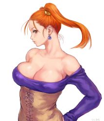 Rule 34 | 1girl, bare shoulders, breasts, brown eyes, cleavage, collarbone, commentary request, corset, dragon quest, dragon quest viii, dress, earrings, hand on own hip, jessica albert, jewelry, large breasts, lips, long hair, long sleeves, looking at viewer, open mouth, orange hair, shu-mai, signature, simple background, solo, standing, strapless, strapless dress, twintails, upper body, white background