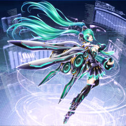 Rule 34 | 10s, 1girl, 2013, akatsuki akane, binary, boots, character name, detached sleeves, floating hair, green hair, hand on own chest, hatsune miku, headphones, highres, holographic interface, long hair, mechanical wings, necktie, outstretched arm, purple eyes, skirt, solo, speaker, thigh boots, thighhighs, twintails, very long hair, vocaloid, wings