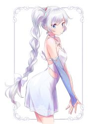 Rule 34 | 1girl, blue eyes, braid, braided ponytail, breasts, bridal gauntlets, choker, clothing cutout, commentary request, cropped legs, dress, earrings, from side, hair ornament, hair ribbon, highres, iesupa, jewelry, long hair, looking at viewer, necklace, own hands together, ribbon, rwby, scar, scar across eye, scar on face, short dress, side ponytail, single bridal gauntlet, solo, tiara, very long hair, weiss schnee, white choker, white dress, white hair