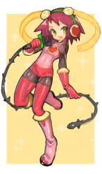 Rule 34 | 1girl, :d, absurdres, bodysuit, boots, breasts, capcom, cosplay, covered erect nipples, covered navel, dakusuta, female focus, full body, gloves, green eyes, hairband, highres, holding, holding microphone, leg up, mega man (series), mega man battle network, mega man battle network (series), mega man star force, microphone, music, open mouth, pink footwear, pink gloves, purple hair, roll.exe (mega man) (cosplay), short hair, simple background, singing, small breasts, smile, solo, sonia strumm (mega man), thighhighs, thorns, yellow background