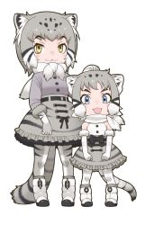 Rule 34 | 2girls, animal ear fluff, animal ears, blue eyes, closed mouth, gloves, grey hair, highres, kemono friends, kneehighs, looking at viewer, multicolored hair, multiple girls, official art, open mouth, pallas&#039;s cat (kemono friends), ribbon, scarf, shirt, shoes, short hair, simple background, skirt, sleeveless, sleeveless shirt, socks, standing, tachi-e, tail, white background, yellow eyes, yoshizaki mine