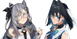 Rule 34 | 2girls, bespectacled, blue eyes, blue hair, bow, bow earrings, cone hair bun, earrings, eus ing, glasses, grey hair, hair bun, hair intakes, highres, hololive, hololive english, hololive indonesia, jewelry, long hair, multicolored hair, multiple girls, ouro kronii, ouro kronii (1st costume), short hair, vestia zeta, virtual youtuber