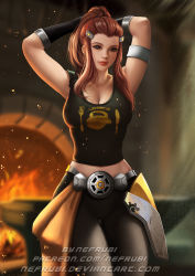 Rule 34 | 1girl, armor, armpits, arms up, bad id, bad pixiv id, breasts, brigitte (overwatch), brown eyes, brown hair, cleavage, facing viewer, faulds, fire, freckles, hair ornament, hairclip, highres, lips, long hair, looking at viewer, medium breasts, midriff, nefrubi, oven, overwatch, overwatch 1, pants, patreon username, ponytail, shoulder tattoo, sidelocks, smile, solo, tank top, tattoo