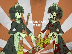 Rule 34 | 1girl, apron, black dress, blood, blood in hair, blood on clothes, blood on face, blood stain, bloody weapon, broom, chainsaw, chainsaw maid, clenched teeth, dress, dual persona, highres, holding, holding broom, holding chainsaw, maid apron, maid headdress, poneko, smile, teeth, weapon