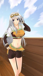 Rule 34 | 1girl, blue sky, breasts, brown gloves, brown shirt, brown skirt, cloud, commentary request, crop top, day, elbow gloves, feet out of frame, fingerless gloves, gloves, goggles, goggles on head, hand in own hair, hunter (ragnarok online), jacket, long hair, looking at viewer, medium breasts, midriff, miniskirt, navel, nueco, open mouth, outdoors, purple eyes, ragnarok online, shirt, short shorts, short sleeves, shorts, shorts under skirt, skirt, sky, solo, white hair, white jacket