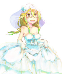 Rule 34 | 10s, 1girl, blonde hair, blush, breasts, bridal veil, colored eyelashes, cowboy shot, dress, flower, glasses, holding, holding clothes, holding dress, i-8 (kancolle), kantai collection, low twintails, see-through, simple background, smile, solo, twintails, veil, wedding dress, white background