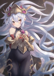 Rule 34 | 1girl, absurdres, armor, bare shoulders, black bodysuit, blush, bodysuit, breastplate, breasts, brown eyes, closed mouth, covered navel, elbow gloves, eto mitsuba, fang, gauntlets, gloves, granblue fantasy, hair between eyes, headpiece, highres, long hair, looking at viewer, medium breasts, medusa (shingeki no bahamut), own hands together, pointy ears, red gloves, shingeki no bahamut, silver hair, solo, tail, thighs, very long hair